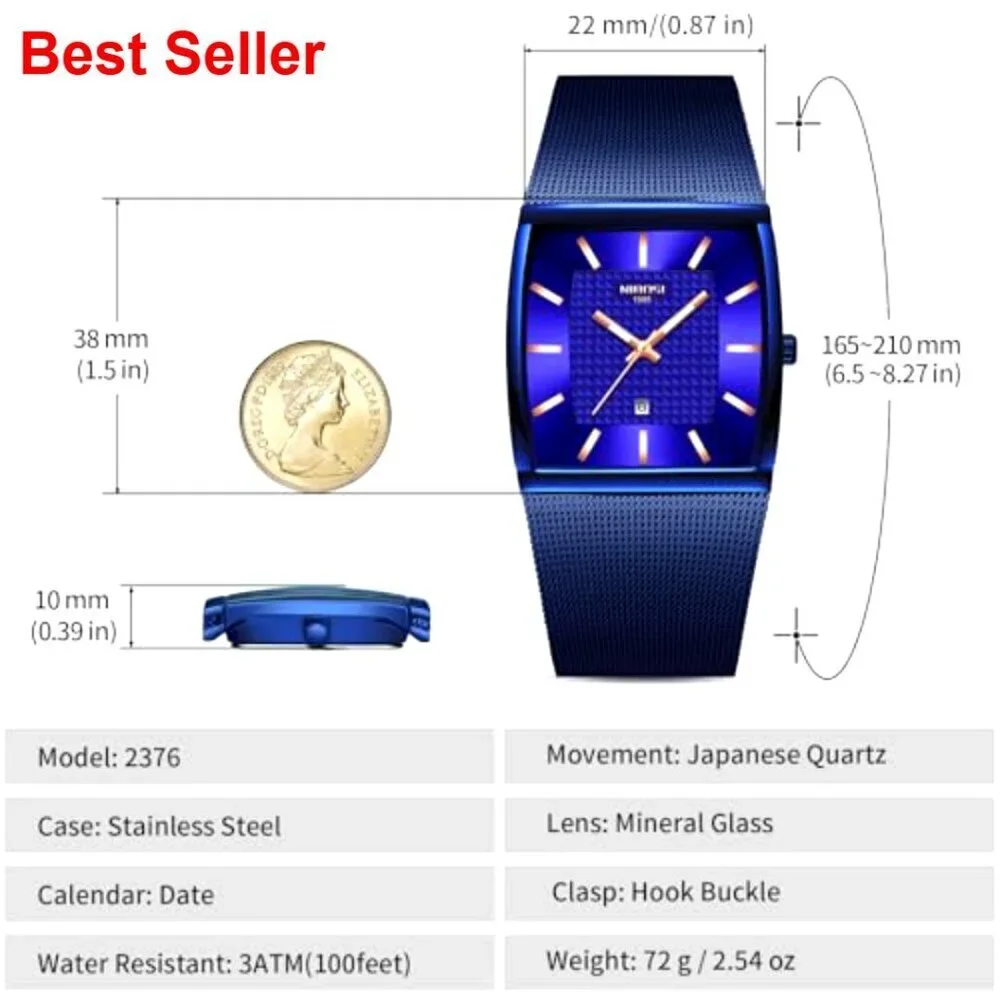 Stainless Steel Square Analog Quartz Watch with Mesh Strap